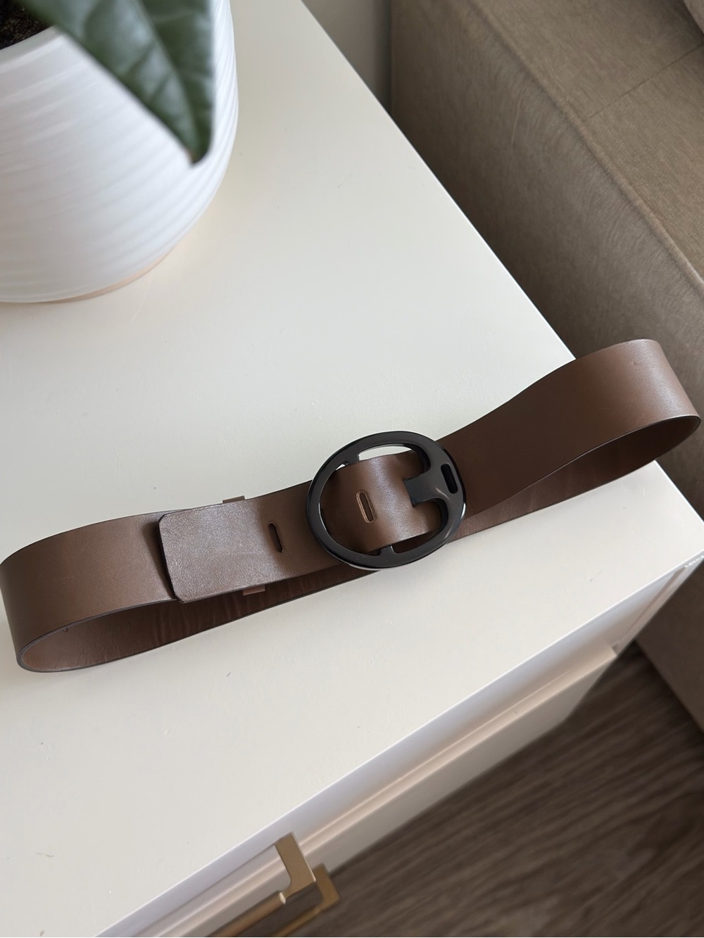Marni Brown Leather Belt with Black Round Signature Buckle